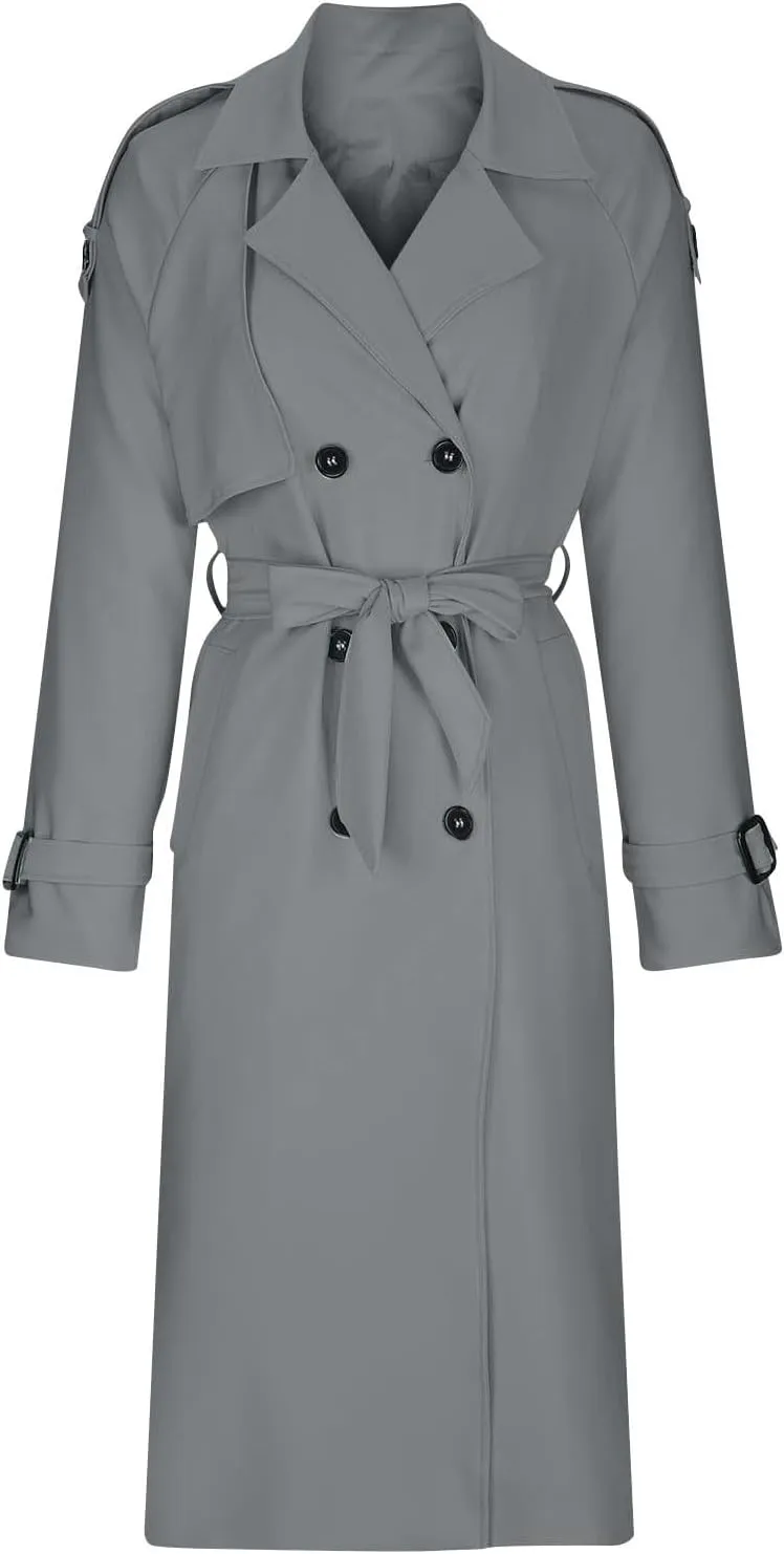 Women's Trench Coat Double Breasted Long Trench Coat Spring Fall Fashion Windproof Classic Lapel Overcoat with Belt