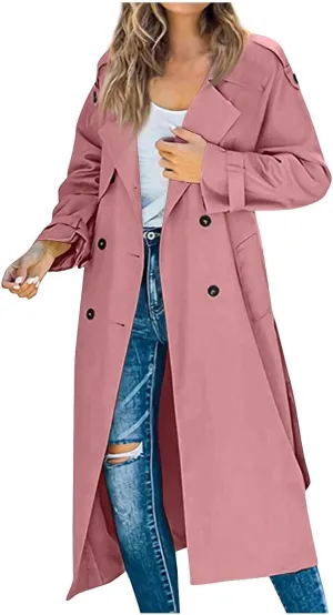 Women's Trench Coat Double Breasted Long Trench Coat Spring Fall Fashion Windproof Classic Lapel Overcoat with Belt