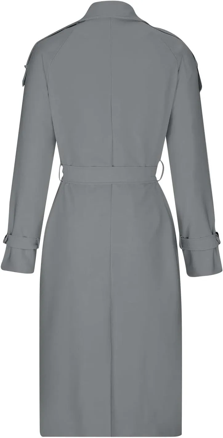 Women's Trench Coat Double Breasted Long Trench Coat Spring Fall Fashion Windproof Classic Lapel Overcoat with Belt