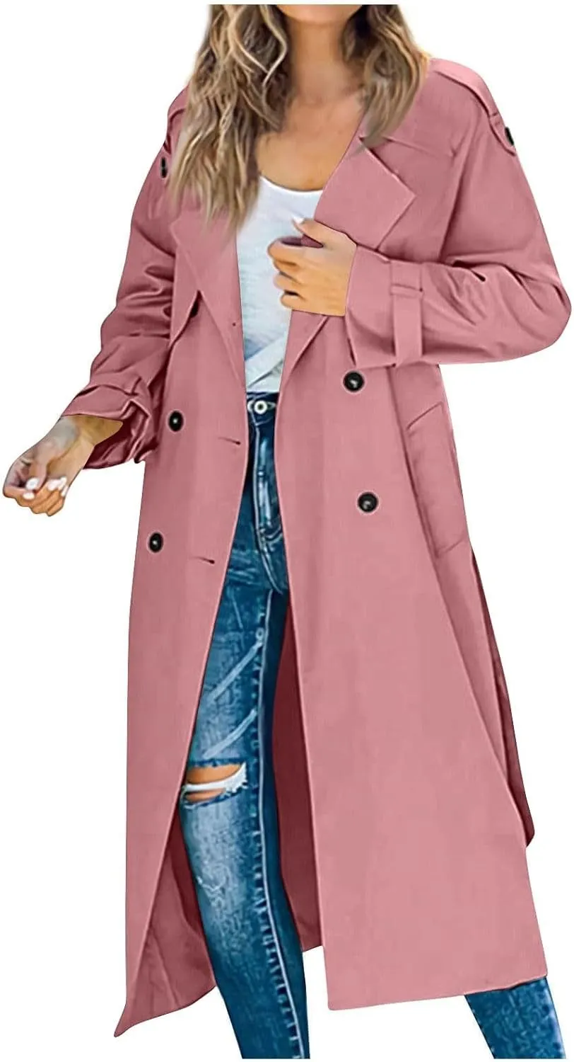 Women's Trench Coat Double Breasted Long Trench Coat Spring Fall Fashion Windproof Classic Lapel Overcoat with Belt