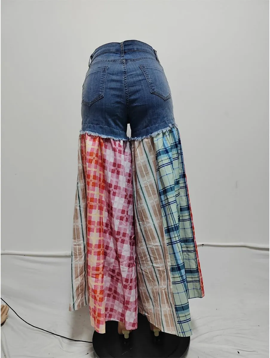 Women's Trendy High Waisted Jeans Stretch Splicing Wide Leg Denim Pants