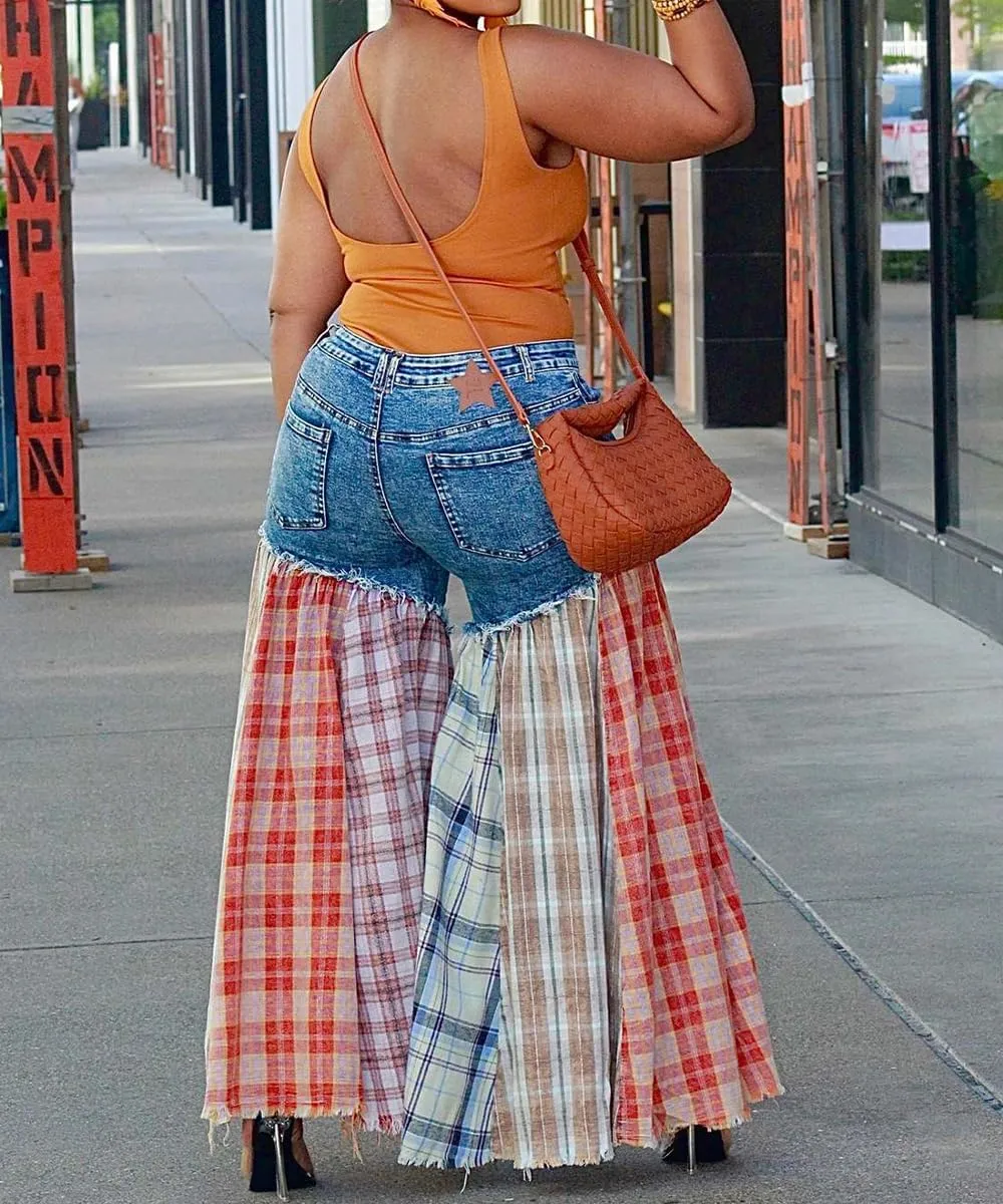 Women's Trendy High Waisted Jeans Stretch Splicing Wide Leg Denim Pants