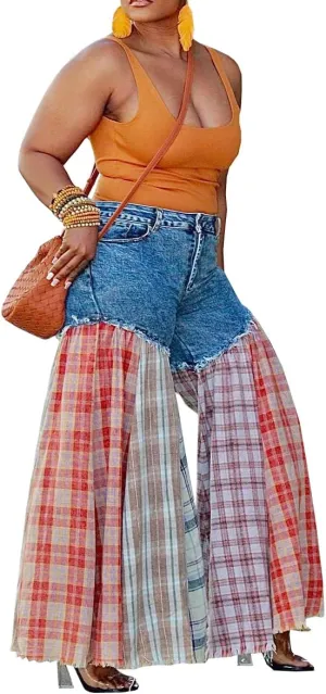 Women's Trendy High Waisted Jeans Stretch Splicing Wide Leg Denim Pants