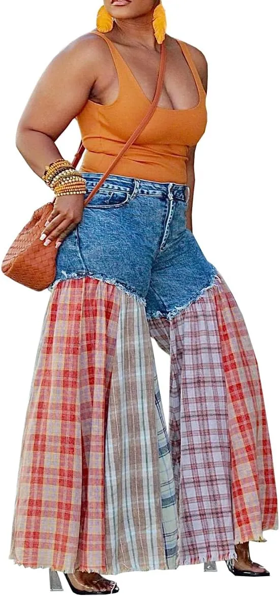 Women's Trendy High Waisted Jeans Stretch Splicing Wide Leg Denim Pants