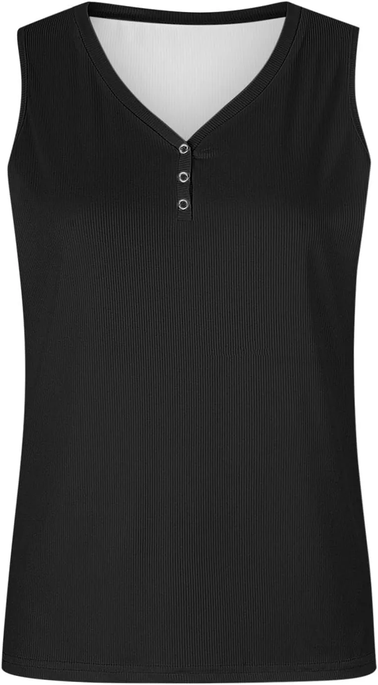 Womens V Neck Tank Tops Summer Sleeveless Knitted Button Casual Henley Shirts Slim Fit Cami Top Vacation Tanks Vest