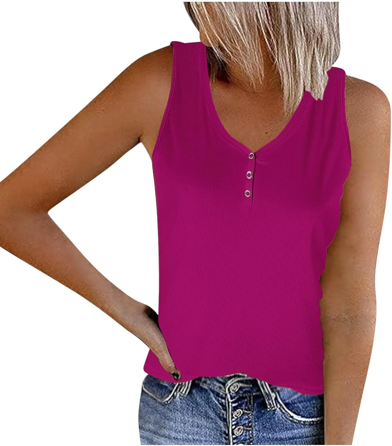 Womens V Neck Tank Tops Summer Sleeveless Knitted Button Casual Henley Shirts Slim Fit Cami Top Vacation Tanks Vest