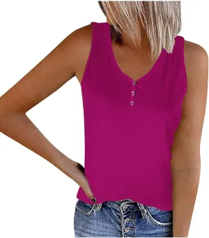 Womens V Neck Tank Tops Summer Sleeveless Knitted Button Casual Henley Shirts Slim Fit Cami Top Vacation Tanks Vest