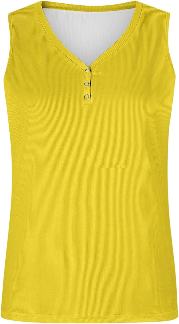Womens V Neck Tank Tops Summer Sleeveless Knitted Button Casual Henley Shirts Slim Fit Cami Top Vacation Tanks Vest