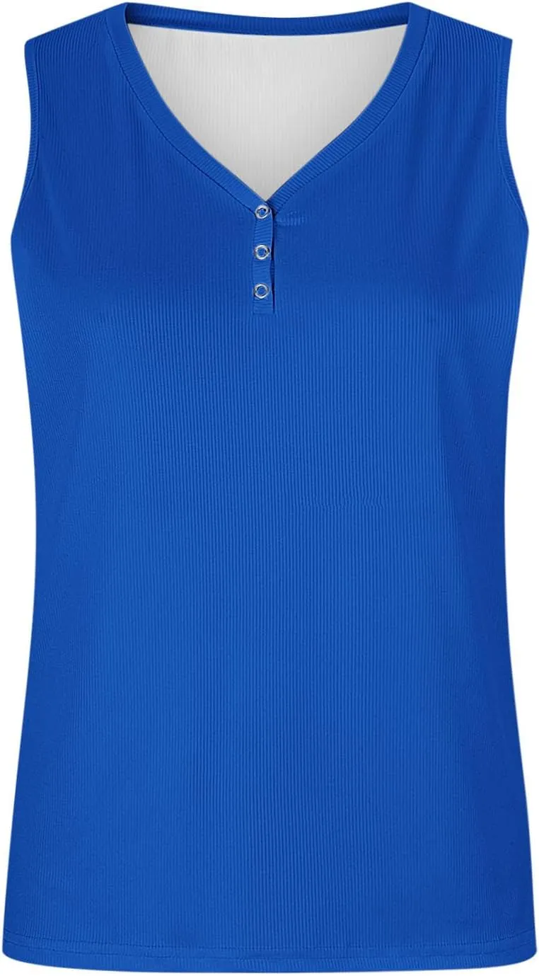 Womens V Neck Tank Tops Summer Sleeveless Knitted Button Casual Henley Shirts Slim Fit Cami Top Vacation Tanks Vest