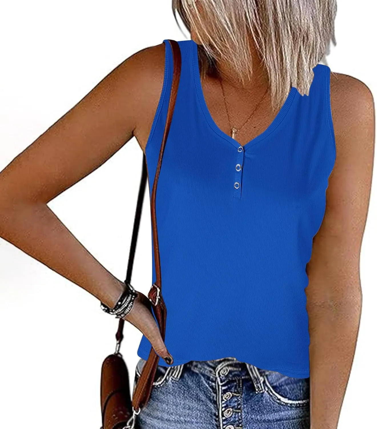 Womens V Neck Tank Tops Summer Sleeveless Knitted Button Casual Henley Shirts Slim Fit Cami Top Vacation Tanks Vest