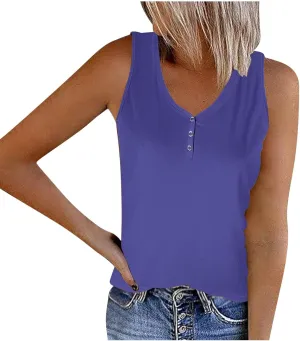 Womens V Neck Tank Tops Summer Sleeveless Knitted Button Casual Henley Shirts Slim Fit Cami Top Vacation Tanks Vest