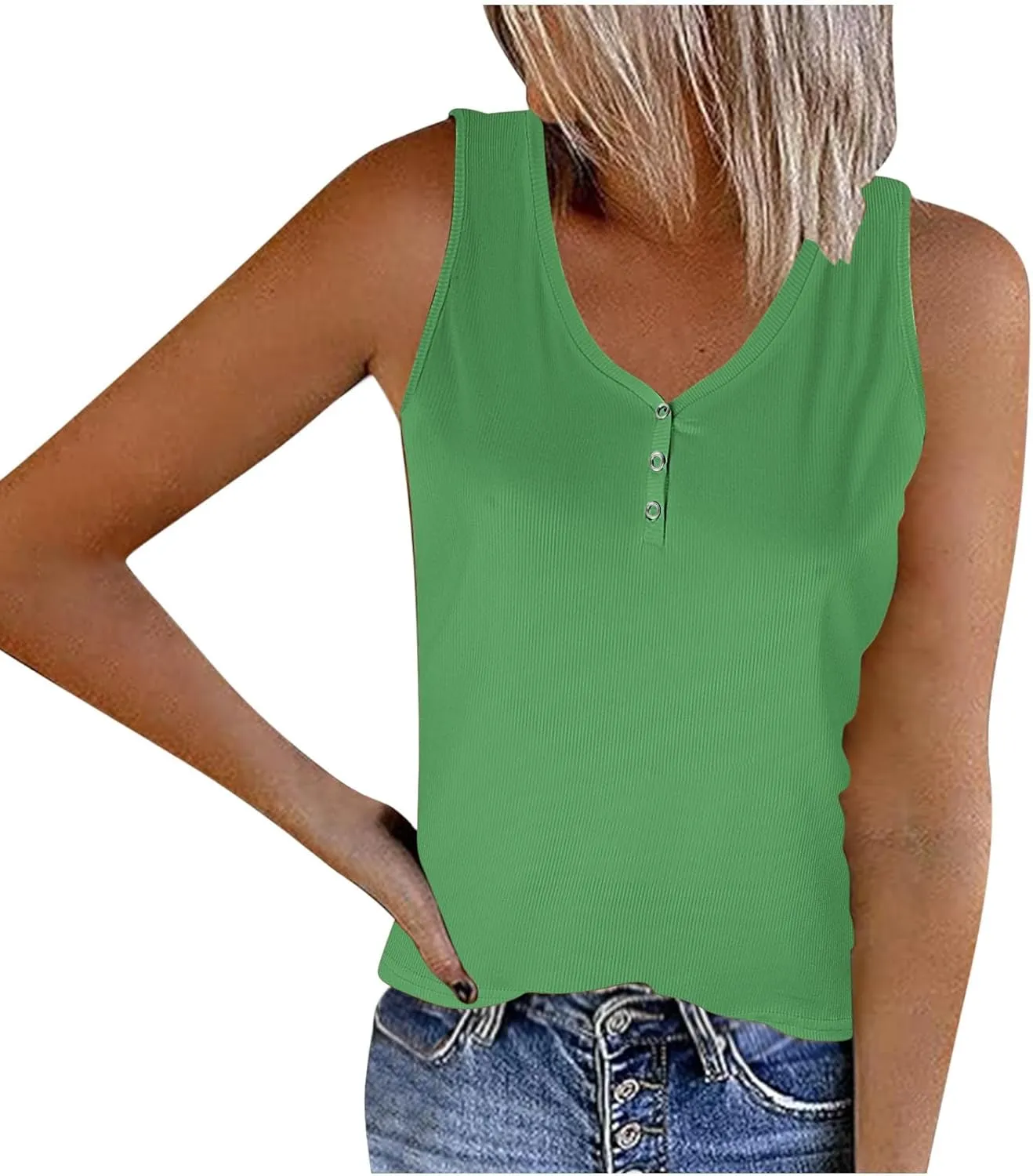 Womens V Neck Tank Tops Summer Sleeveless Knitted Button Casual Henley Shirts Slim Fit Cami Top Vacation Tanks Vest