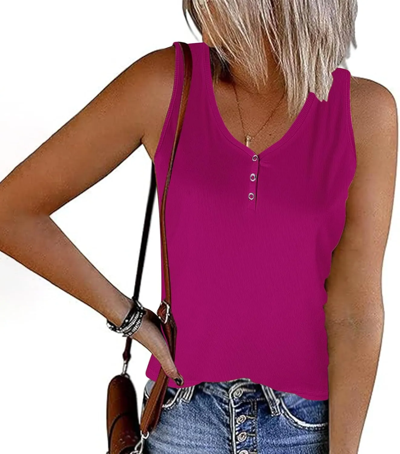 Womens V Neck Tank Tops Summer Sleeveless Knitted Button Casual Henley Shirts Slim Fit Cami Top Vacation Tanks Vest