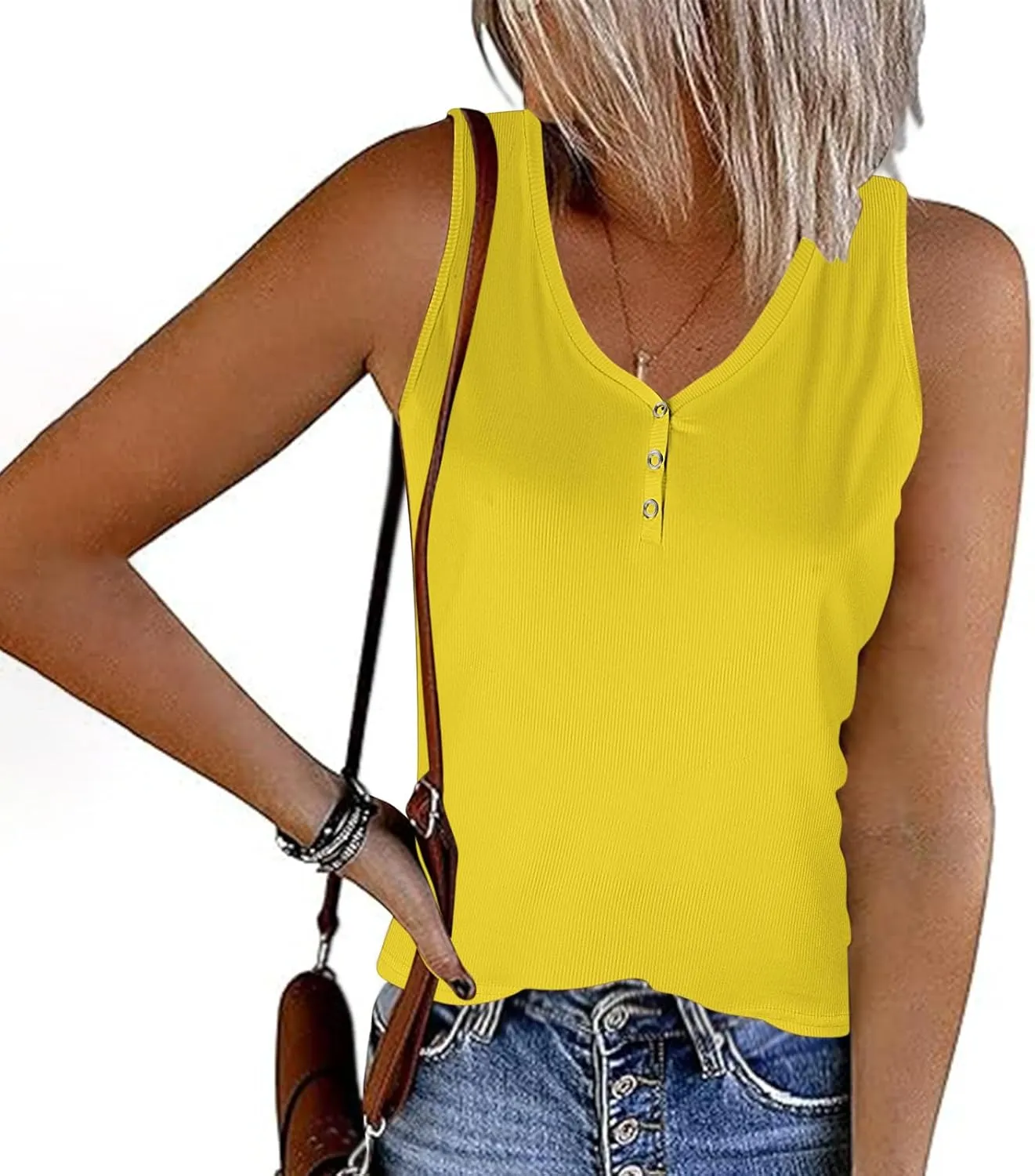 Womens V Neck Tank Tops Summer Sleeveless Knitted Button Casual Henley Shirts Slim Fit Cami Top Vacation Tanks Vest