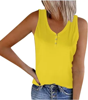 Womens V Neck Tank Tops Summer Sleeveless Knitted Button Casual Henley Shirts Slim Fit Cami Top Vacation Tanks Vest