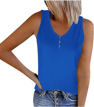 Womens V Neck Tank Tops Summer Sleeveless Knitted Button Casual Henley Shirts Slim Fit Cami Top Vacation Tanks Vest