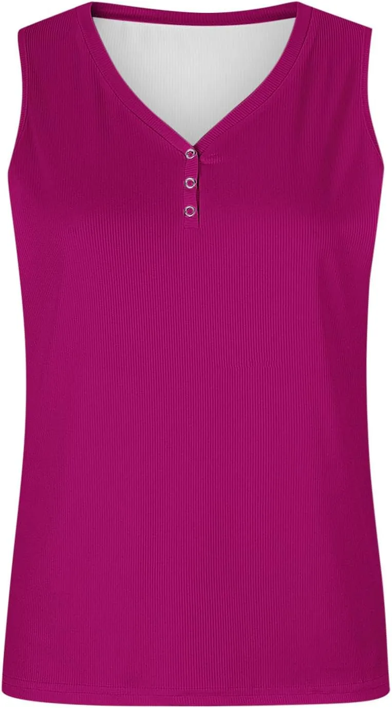 Womens V Neck Tank Tops Summer Sleeveless Knitted Button Casual Henley Shirts Slim Fit Cami Top Vacation Tanks Vest