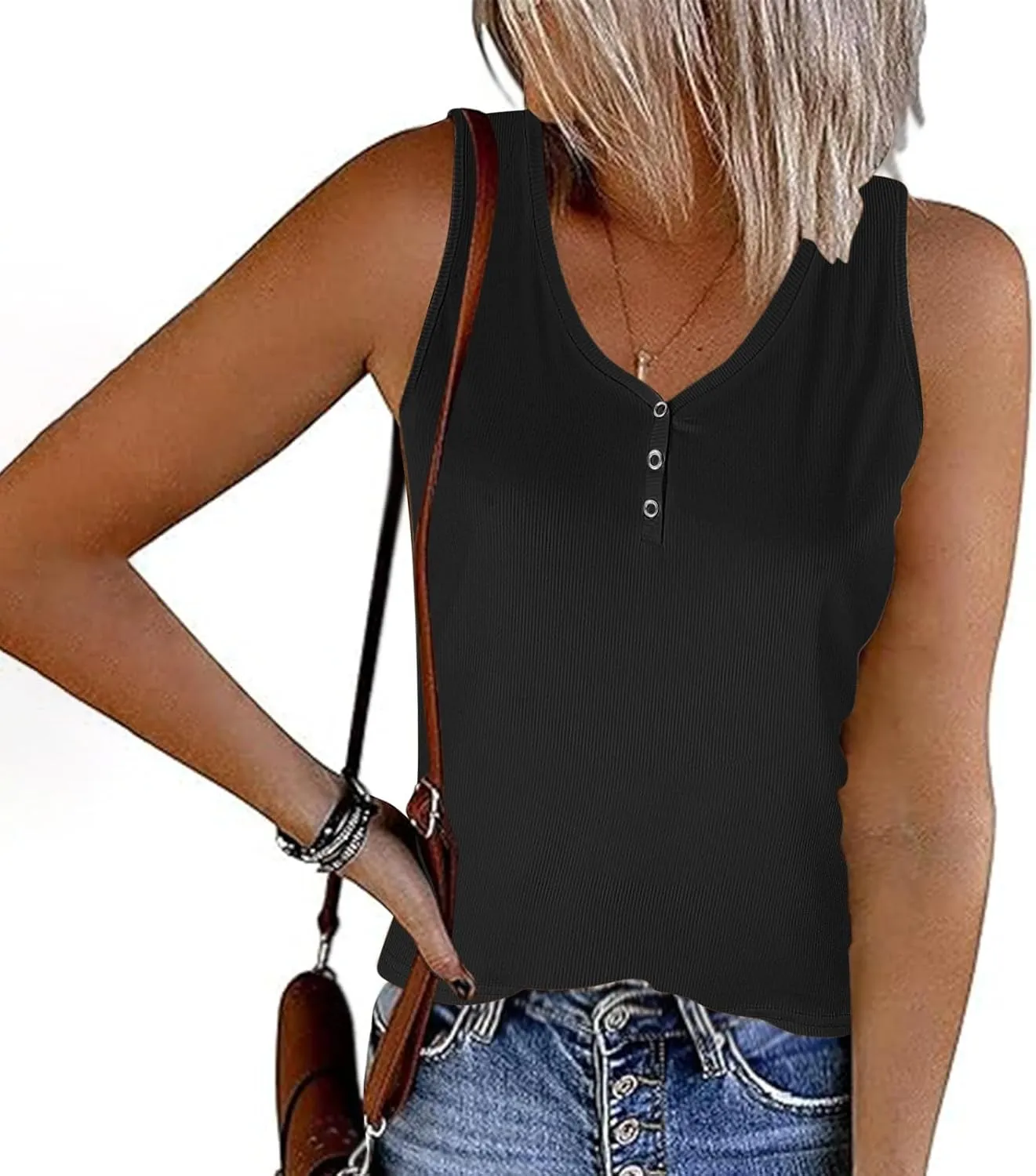 Womens V Neck Tank Tops Summer Sleeveless Knitted Button Casual Henley Shirts Slim Fit Cami Top Vacation Tanks Vest