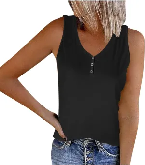 Womens V Neck Tank Tops Summer Sleeveless Knitted Button Casual Henley Shirts Slim Fit Cami Top Vacation Tanks Vest