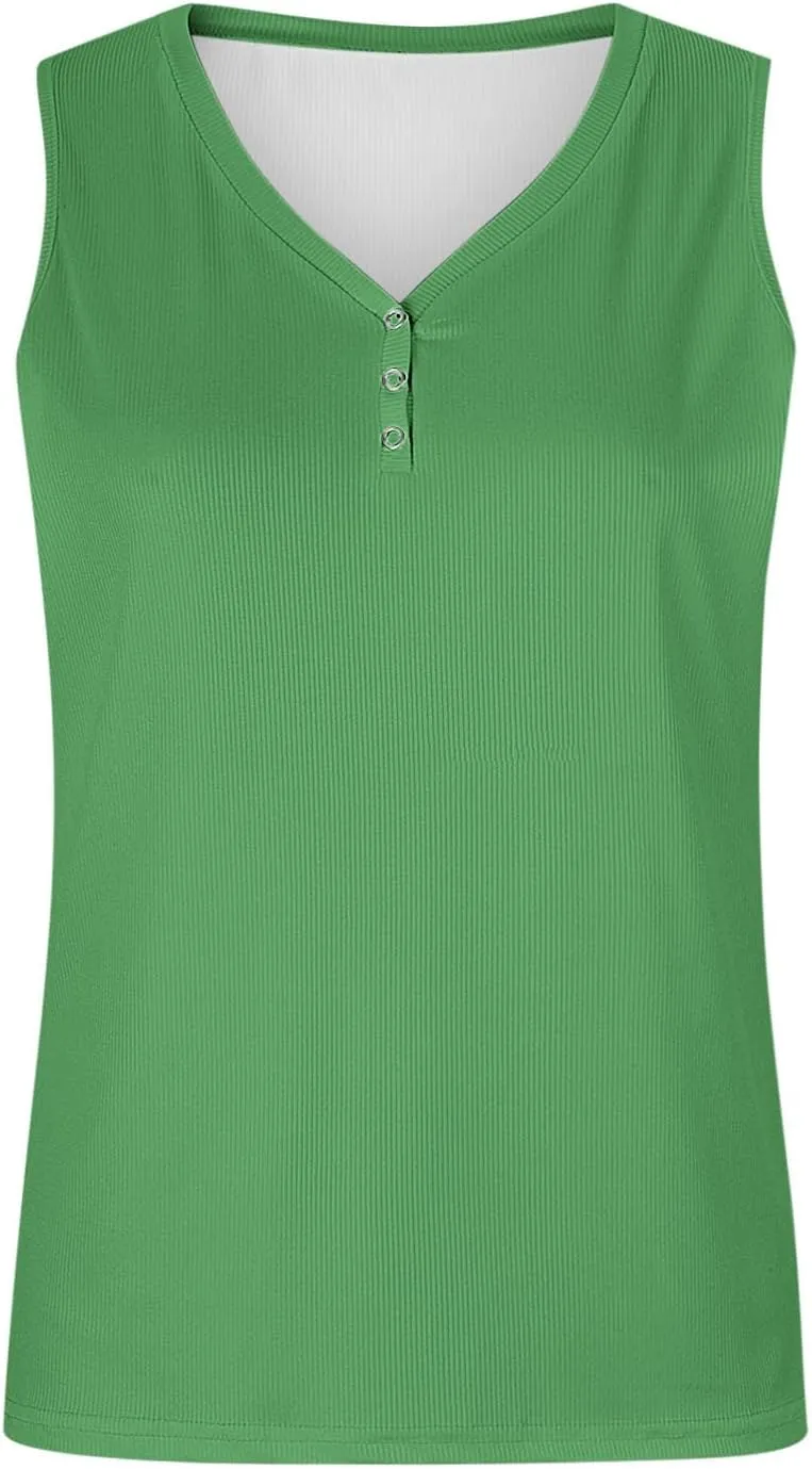 Womens V Neck Tank Tops Summer Sleeveless Knitted Button Casual Henley Shirts Slim Fit Cami Top Vacation Tanks Vest