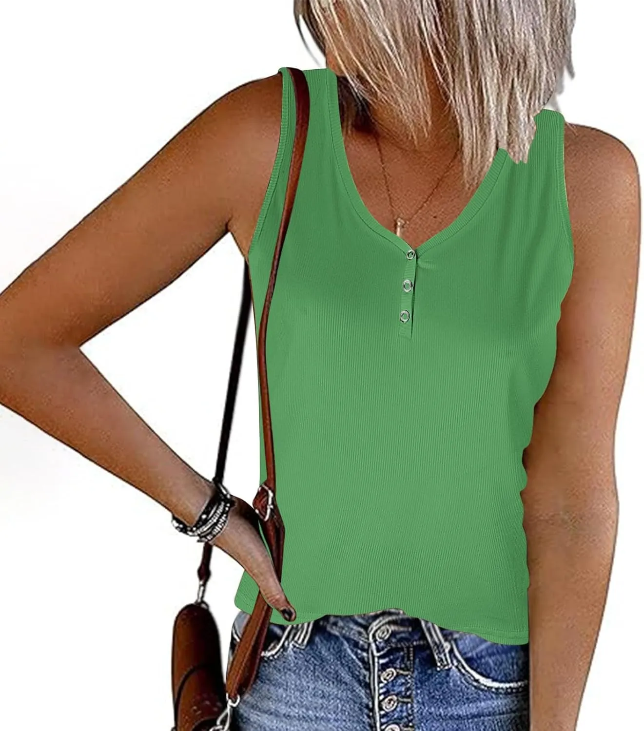 Womens V Neck Tank Tops Summer Sleeveless Knitted Button Casual Henley Shirts Slim Fit Cami Top Vacation Tanks Vest