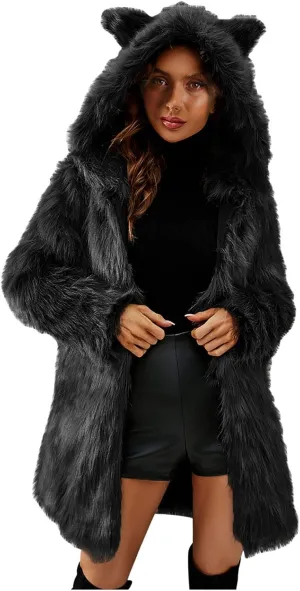 Women's Winter Warm Faux Fur Coat with Hood Long Sleeve Open Front Cardigan Elegant Solid Furry Hooded Jacket Outerwear