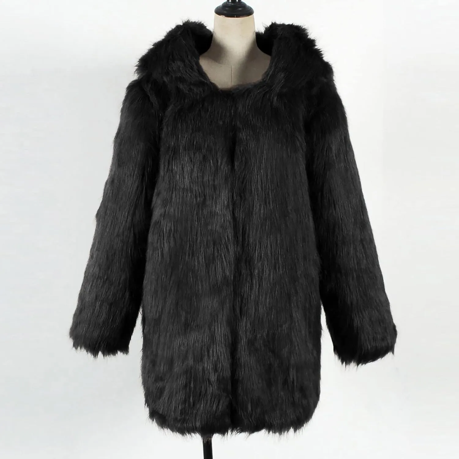 Women's Winter Warm Faux Fur Coat with Hood Long Sleeve Open Front Cardigan Elegant Solid Furry Hooded Jacket Outerwear
