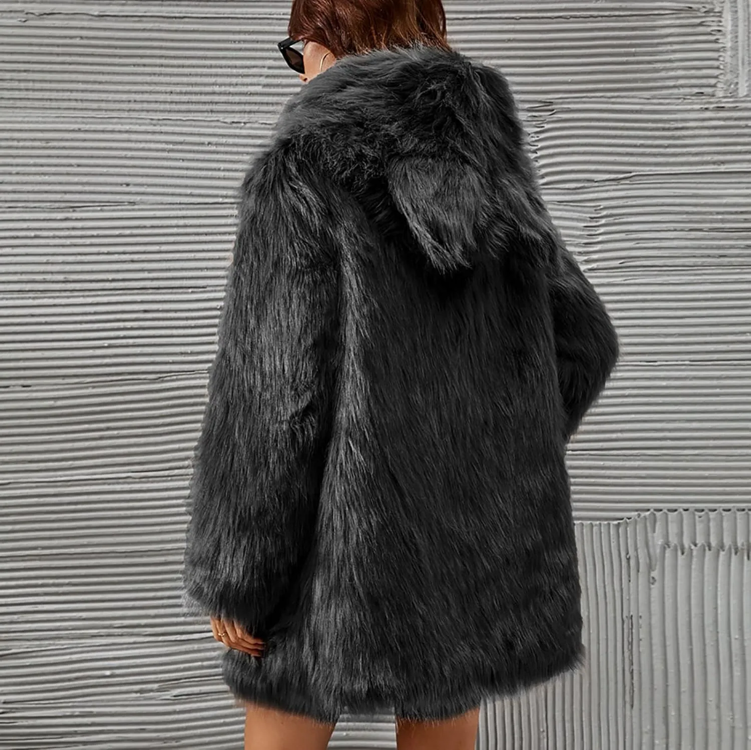 Women's Winter Warm Faux Fur Coat with Hood Long Sleeve Open Front Cardigan Elegant Solid Furry Hooded Jacket Outerwear