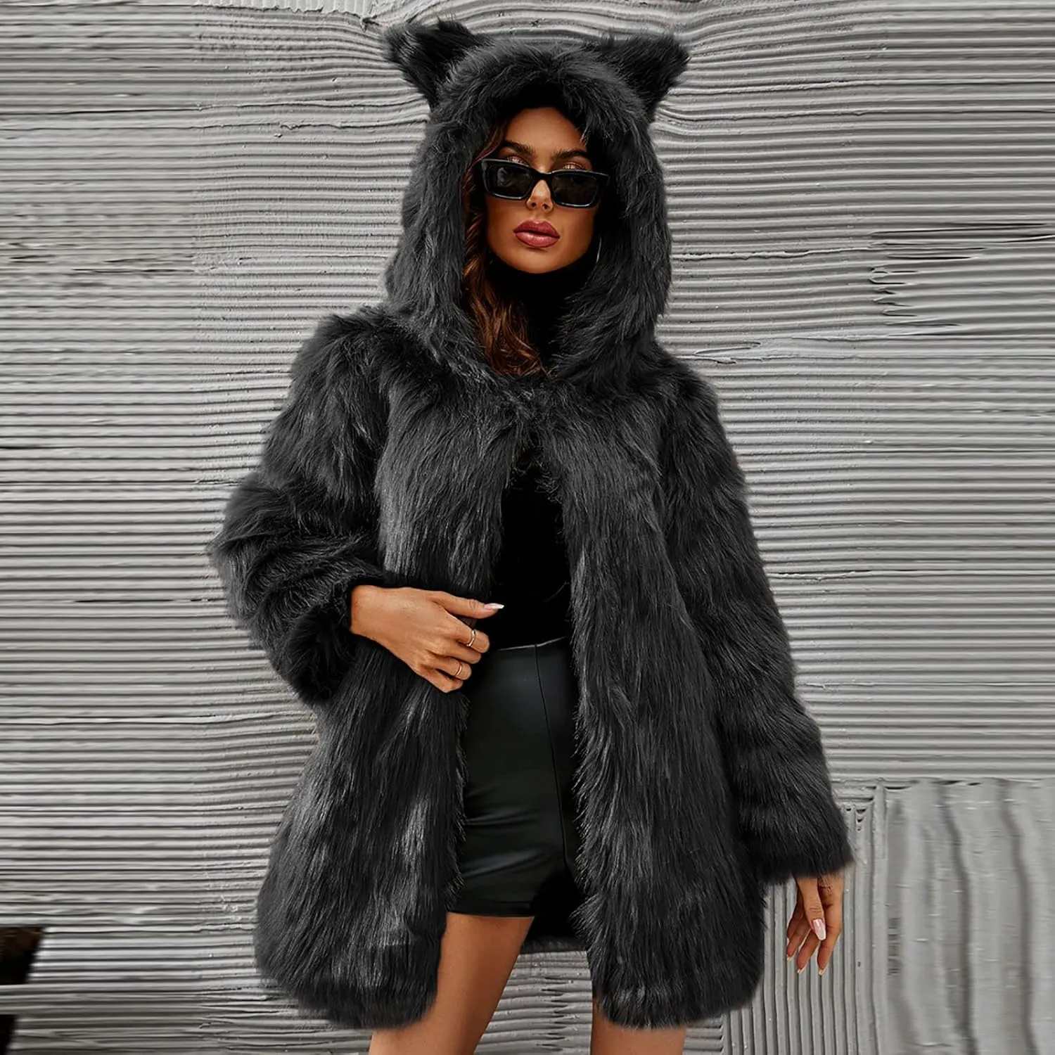 Women's Winter Warm Faux Fur Coat with Hood Long Sleeve Open Front Cardigan Elegant Solid Furry Hooded Jacket Outerwear