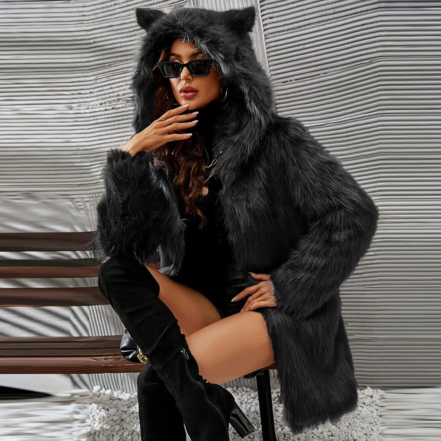 Women's Winter Warm Faux Fur Coat with Hood Long Sleeve Open Front Cardigan Elegant Solid Furry Hooded Jacket Outerwear