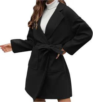 Women's Wool Coats Casual Notch Lapel Open Front Peacoat Plus Size Mid Length Overcoat Winter Trench Coats with Belt