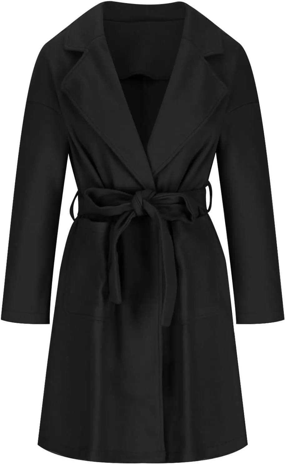 Women's Wool Coats Casual Notch Lapel Open Front Peacoat Plus Size Mid Length Overcoat Winter Trench Coats with Belt