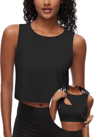 Womens Workout Tank Top Crop Top with Built in Bra Muscle Top Sleeveless Active Top Athletic Tank Crop Top Cropped Sports Shirt Tee Running Yoga Gym Black
