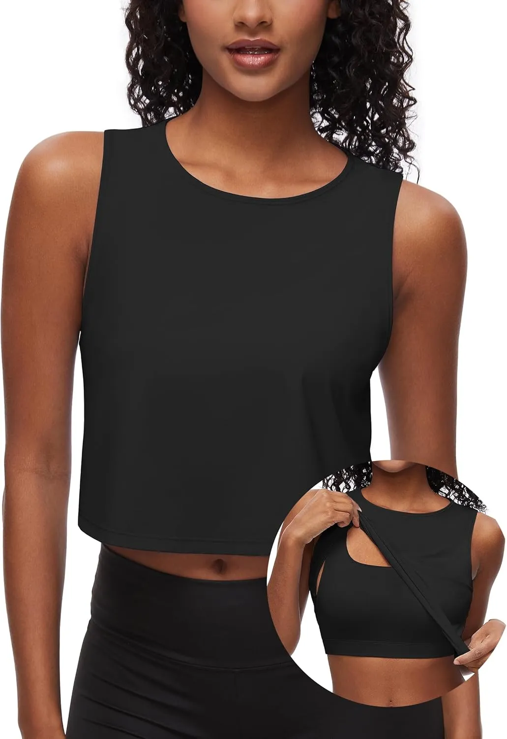 Womens Workout Tank Top Crop Top with Built in Bra Muscle Top Sleeveless Active Top Athletic Tank Crop Top Cropped Sports Shirt Tee Running Yoga Gym Black