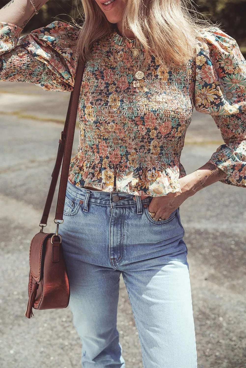 Women's Yellow Floral Print Smocked Bubble Sleeve Ruffled Crop Top