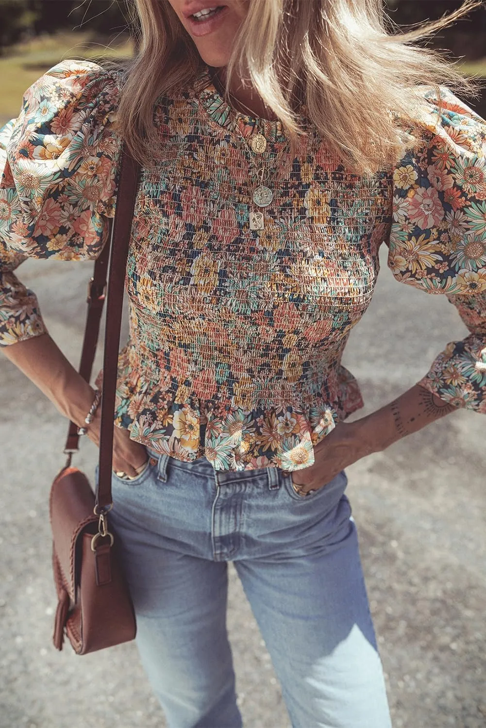 Women's Yellow Floral Print Smocked Bubble Sleeve Ruffled Crop Top