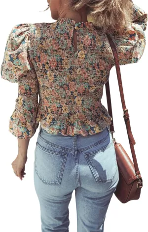 Women's Yellow Floral Print Smocked Bubble Sleeve Ruffled Crop Top