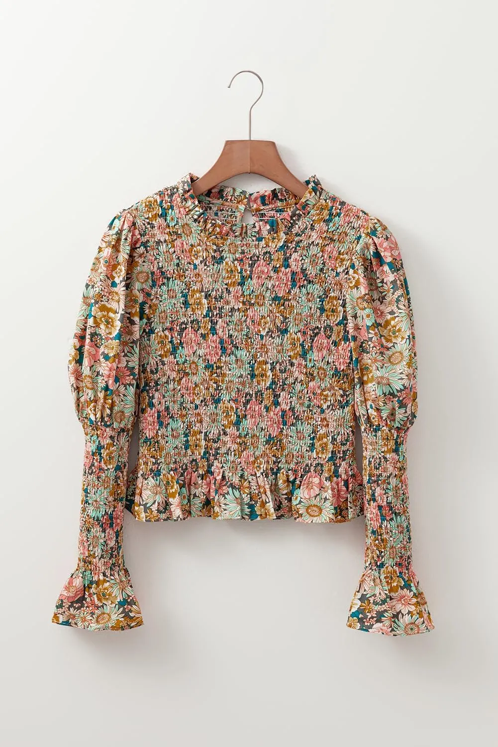 Women's Yellow Floral Print Smocked Bubble Sleeve Ruffled Crop Top