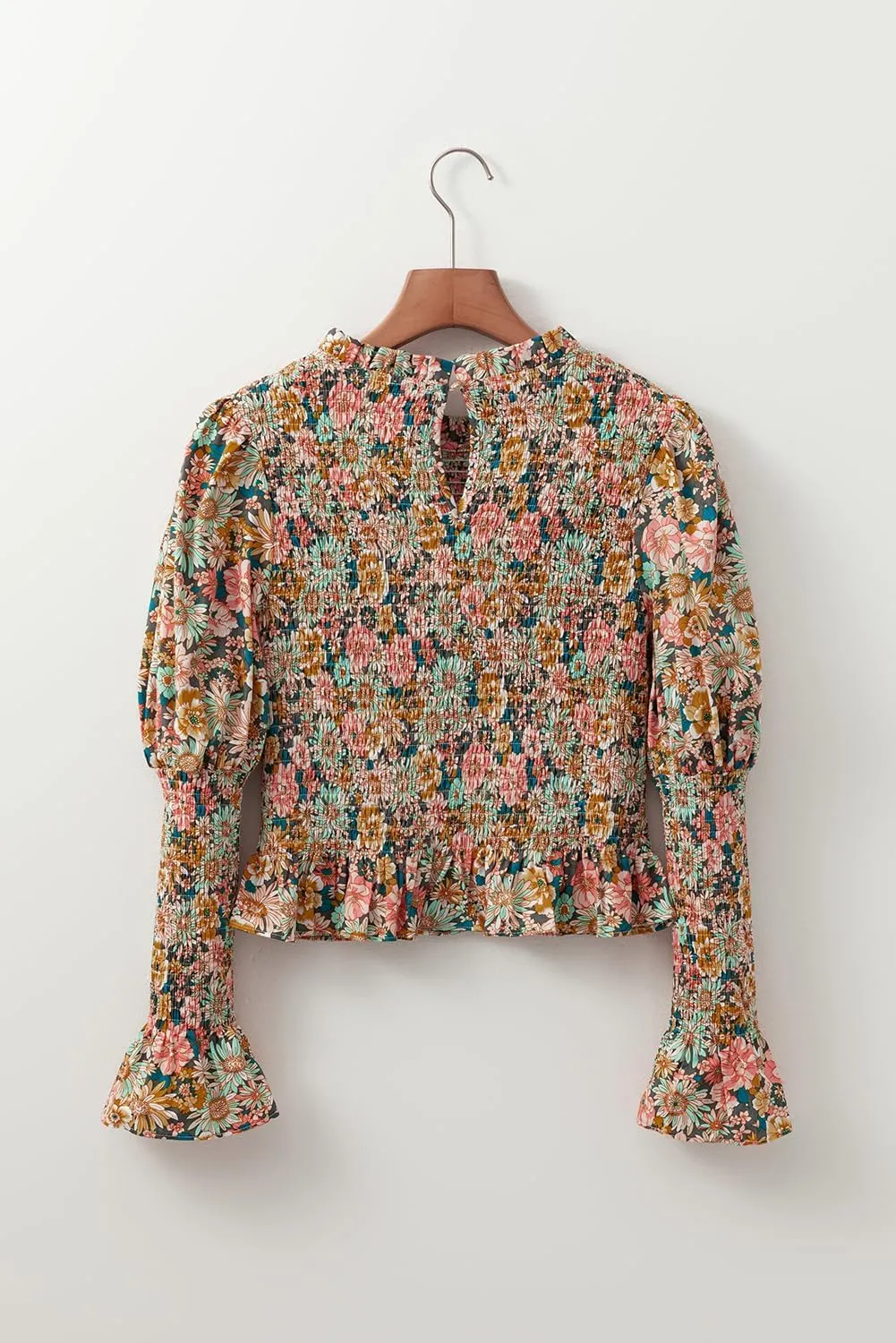 Women's Yellow Floral Print Smocked Bubble Sleeve Ruffled Crop Top