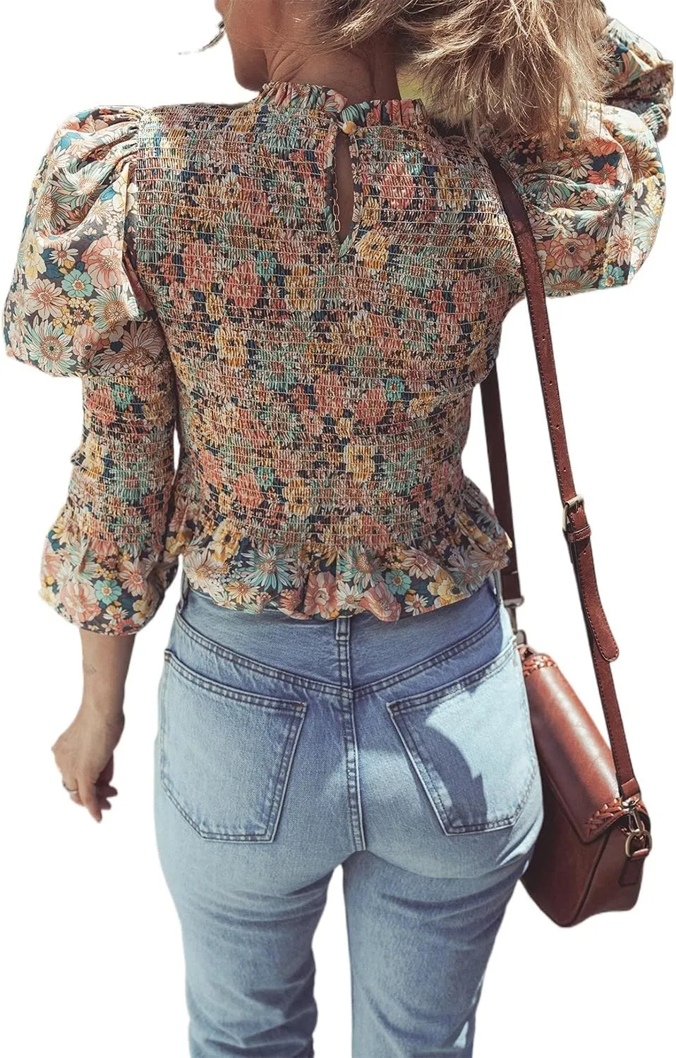 Women's Yellow Floral Print Smocked Bubble Sleeve Ruffled Crop Top