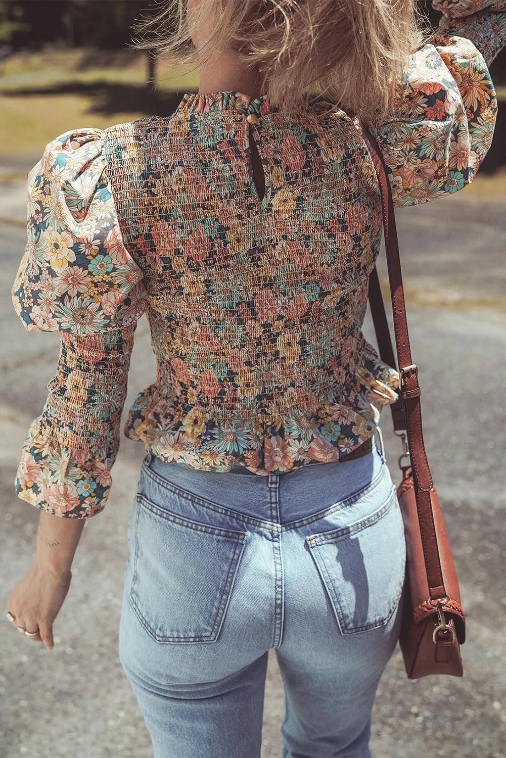 Women's Yellow Floral Print Smocked Bubble Sleeve Ruffled Crop Top