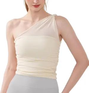 Women's Yoga Shirt Cold Shoulder Sleeve Cami Top Backless Athletic Comfy Built in Bra Full Coverage