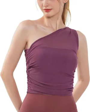 Women's Yoga Shirt Cold Shoulder Sleeve Cami Top Backless Athletic Comfy Built in Bra Full Coverage