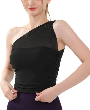 Women's Yoga Shirt Cold Shoulder Sleeve Cami Top Backless Athletic Comfy Built in Bra Full Coverage