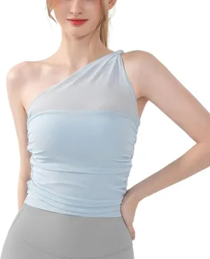 Women's Yoga Shirt Cold Shoulder Sleeve Cami Top Backless Athletic Comfy Built in Bra Full Coverage