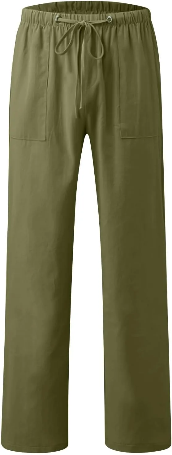 Xiaojmake Men Casual Linen Long Pants Elastic Waist Drawstring Fall Loose Fit Cotton Beach Pants Lounge Trousers with Pockets