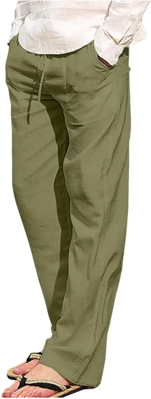 Xiaojmake Men Casual Linen Long Pants Elastic Waist Drawstring Fall Loose Fit Cotton Beach Pants Lounge Trousers with Pockets