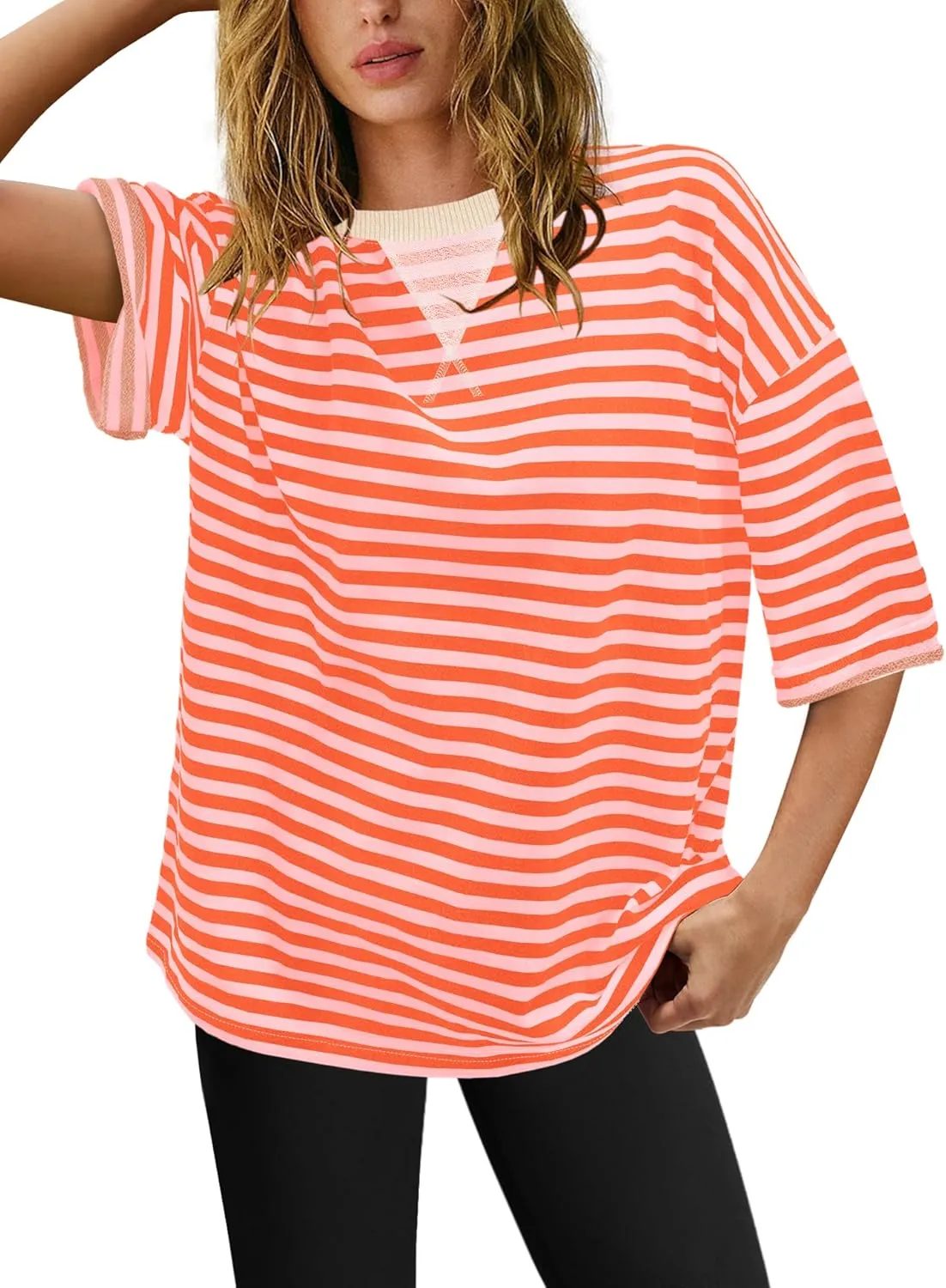 Yanekop Womens Striped Short Sleeve Tshirt Crewneck Oversized Shirt Color Block T Shirts Loose Fit Tunic Tee