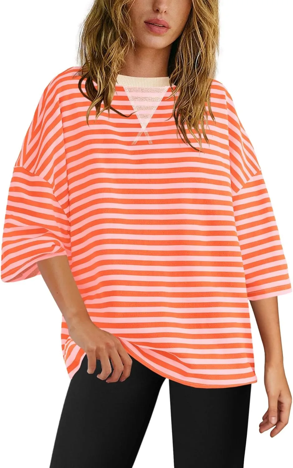 Yanekop Womens Striped Short Sleeve Tshirt Crewneck Oversized Shirt Color Block T Shirts Loose Fit Tunic Tee