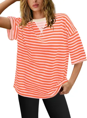 Yanekop Womens Striped Short Sleeve Tshirt Crewneck Oversized Shirt Color Block T Shirts Loose Fit Tunic Tee